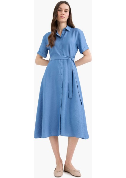 Regular Fit Gömlek Yaka Kuşaklı Kısa Kollu Midi Elbise E7932AX25SP