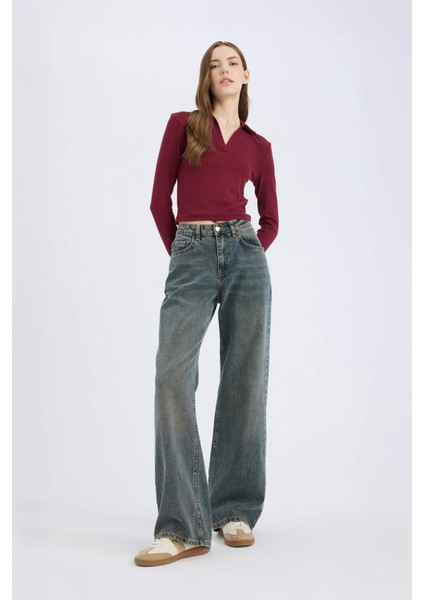 Fitted Polo Yaka Basic Düz Modal Uzun Kollu Tişört E7938AX25SP