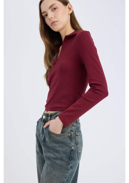 Fitted Polo Yaka Basic Düz Modal Uzun Kollu Tişört E7938AX25SP