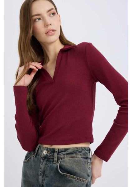 Fitted Polo Yaka Basic Düz Modal Uzun Kollu Tişört E7938AX25SP