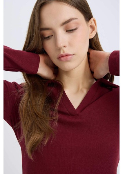 Fitted Polo Yaka Basic Düz Modal Uzun Kollu Tişört E7938AX25SP