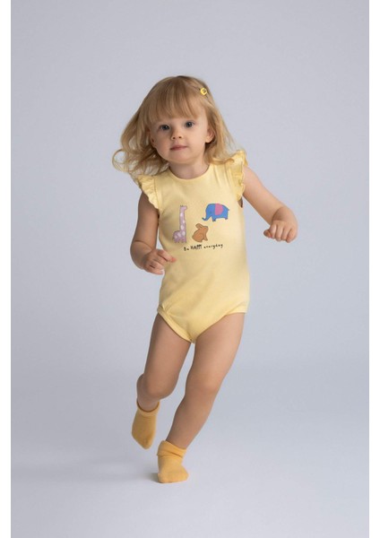 Kız Bebek Yenidoğan Bisiklet Yaka Hayvan Desenli Fitilli Kaşkorse Kısa Kollu Çıtçıtlı Body E7945A525SM