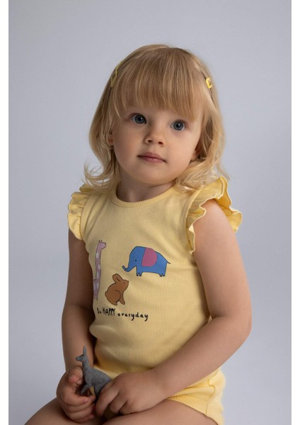 Kız Bebek Yenidoğan Bisiklet Yaka Hayvan Desenli Fitilli Kaşkorse Kısa Kollu Çıtçıtlı Body E7945A525SM