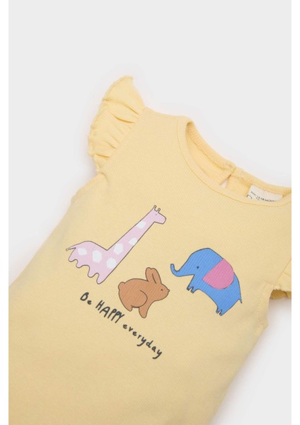 Kız Bebek Yenidoğan Bisiklet Yaka Hayvan Desenli Fitilli Kaşkorse Kısa Kollu Çıtçıtlı Body E7945A525SM