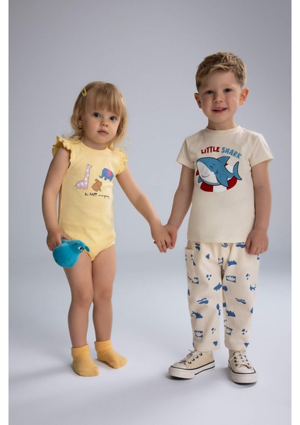 Kız Bebek Yenidoğan Bisiklet Yaka Hayvan Desenli Fitilli Kaşkorse Kısa Kollu Çıtçıtlı Body E7945A525SM