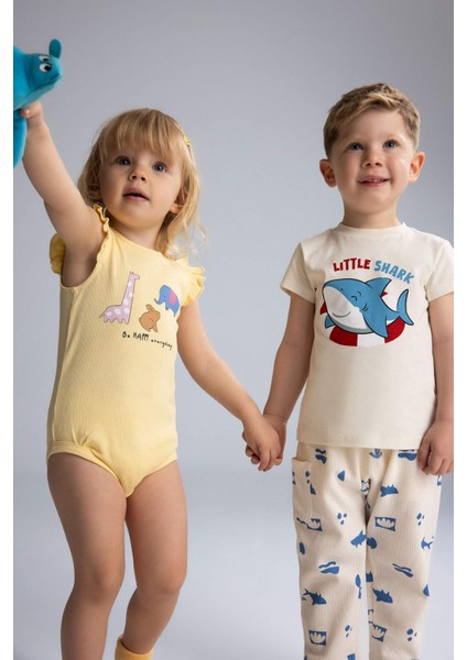 Kız Bebek Yenidoğan Bisiklet Yaka Hayvan Desenli Fitilli Kaşkorse Kısa Kollu Çıtçıtlı Body E7945A525SM