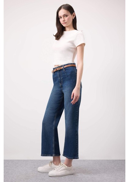 Culotte Yüksek Bel Kısa Geniş Paça Kemerli Jean Yıkamalı Pantolon D4325AX25SP
