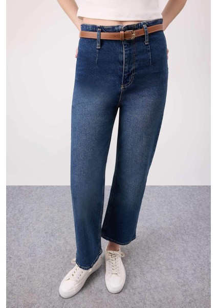 Culotte Yüksek Bel Kısa Geniş Paça Kemerli Jean Yıkamalı Pantolon D4325AX25SP