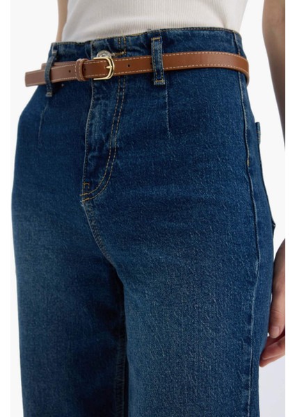 Culotte Yüksek Bel Kısa Geniş Paça Kemerli Jean Yıkamalı Pantolon D4325AX25SP