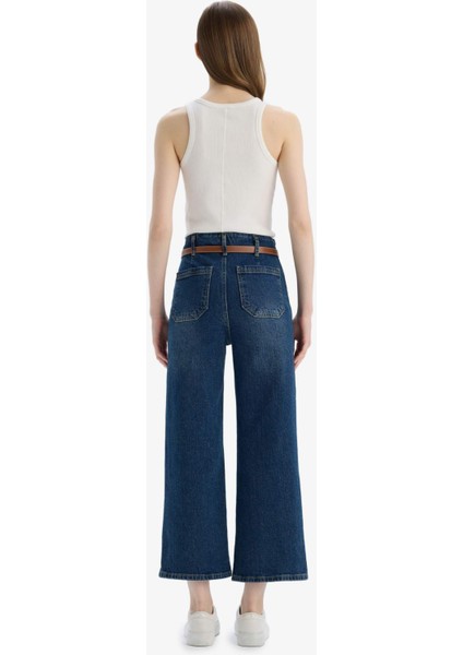 Culotte Yüksek Bel Kısa Geniş Paça Kemerli Jean Yıkamalı Pantolon D4325AX25SP