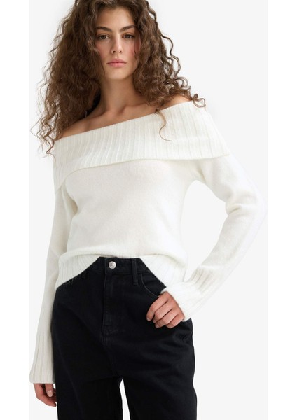 Slim Fit Dar Kesim Açık Omuz Triko Kazak E8345AX25WN