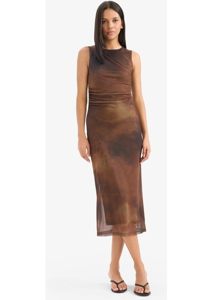 Bodycon Vücudu Saran Bisiklet Yaka Desenli Tül Kolsuz Midi Elbise E7402AX25AU