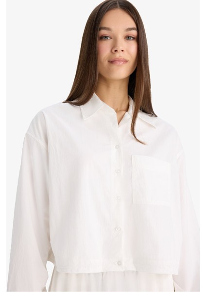Oversize Geniş Kalıp Basic Düz Paraşüt Uzun Kollu Beyaz Gömlek E6693AX25SP