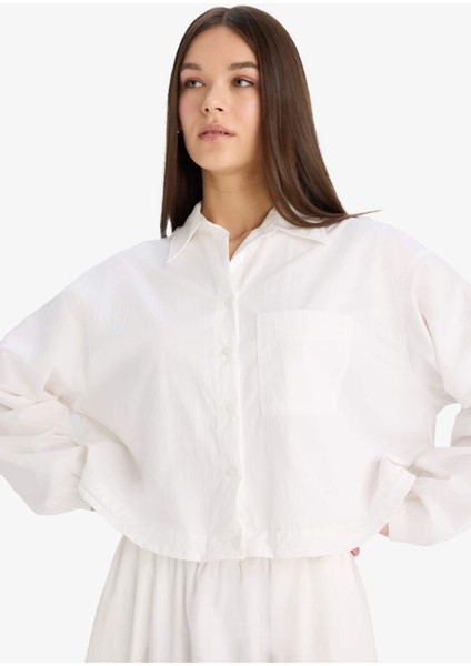 Oversize Geniş Kalıp Basic Düz Paraşüt Uzun Kollu Beyaz Gömlek E6693AX25SP