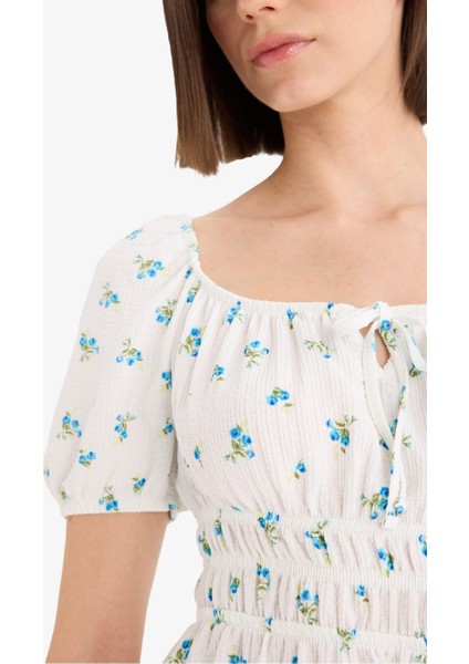 Coool Kare Yaka Çiçekli Bürümcük Kısa Kollu Mini Yazlık Elbise E0874AX25SM