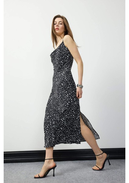 Puantiyeli Saten Askılı Yırtmaçlı Midi Elbise E7255AX25SP