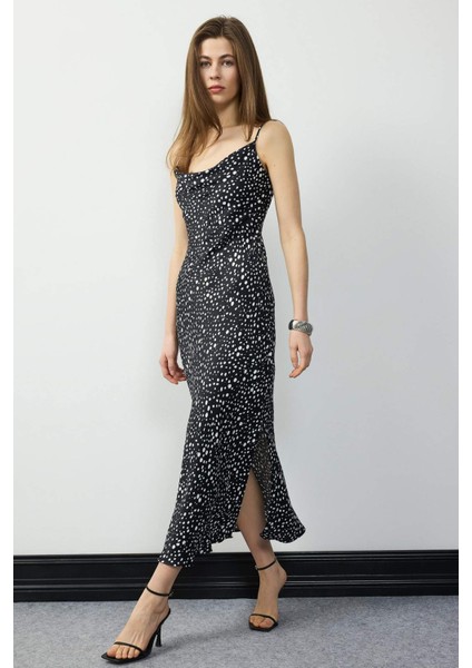 Puantiyeli Saten Askılı Yırtmaçlı Midi Elbise E7255AX25SP