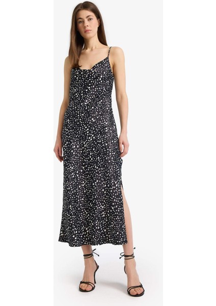 Puantiyeli Saten Askılı Yırtmaçlı Midi Elbise E7255AX25SP