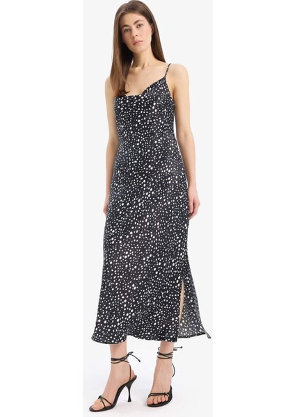 Puantiyeli Saten Askılı Yırtmaçlı Midi Elbise E7255AX25SP