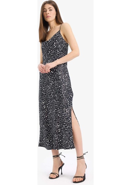 Puantiyeli Saten Askılı Yırtmaçlı Midi Elbise E7255AX25SP