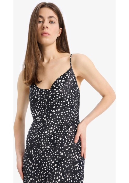 Puantiyeli Saten Askılı Yırtmaçlı Midi Elbise E7255AX25SP