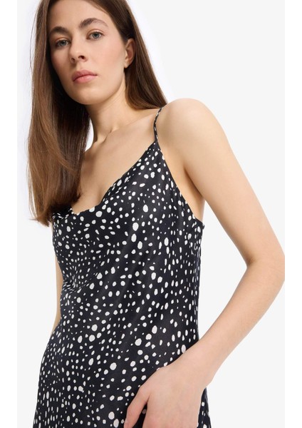 Puantiyeli Saten Askılı Yırtmaçlı Midi Elbise E7255AX25SP