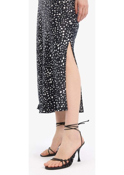 Puantiyeli Saten Askılı Yırtmaçlı Midi Elbise E7255AX25SP