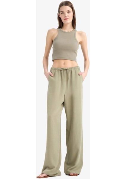 Keten Karışımlı Palazzo Pantolon Wide Leg Geniş Bol Paça Üç Cepli Normal Bel Basic Düz Standart Boy C4545AX25SP