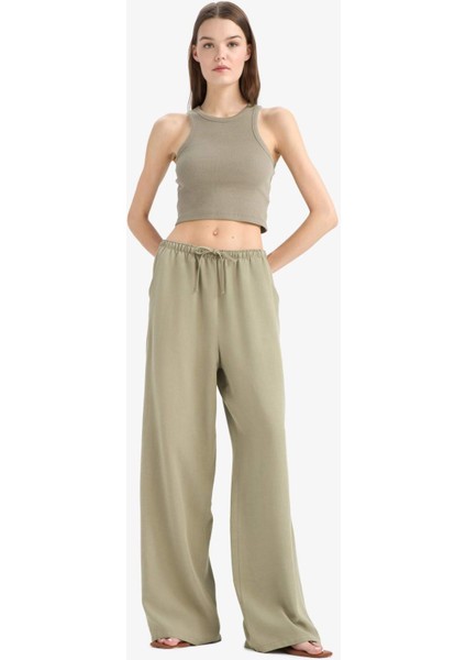 Keten Karışımlı Palazzo Pantolon Wide Leg Geniş Bol Paça Üç Cepli Normal Bel Basic Düz Standart Boy C4545AX25SP