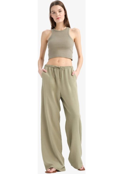 Keten Karışımlı Palazzo Pantolon Wide Leg Geniş Bol Paça Üç Cepli Normal Bel Basic Düz Standart Boy C4545AX25SP