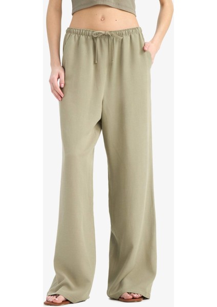 Keten Karışımlı Palazzo Pantolon Wide Leg Geniş Bol Paça Üç Cepli Normal Bel Basic Düz Standart Boy C4545AX25SP