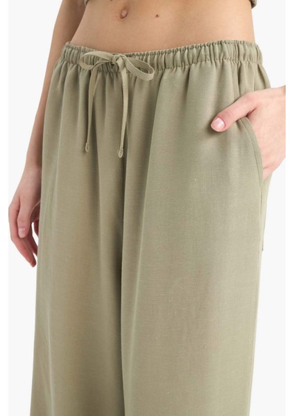 Keten Karışımlı Palazzo Pantolon Wide Leg Geniş Bol Paça Üç Cepli Normal Bel Basic Düz Standart Boy C4545AX25SP