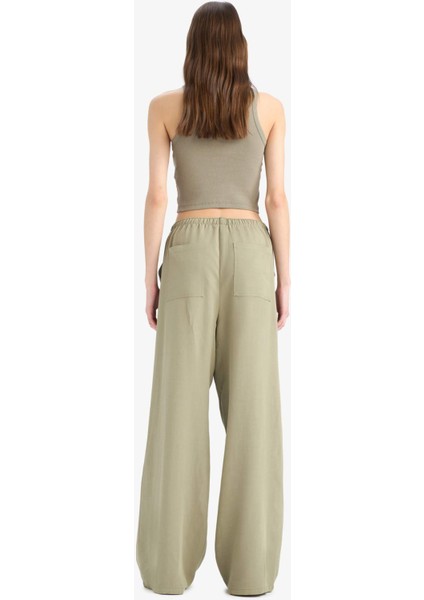 Keten Karışımlı Palazzo Pantolon Wide Leg Geniş Bol Paça Üç Cepli Normal Bel Basic Düz Standart Boy C4545AX25SP