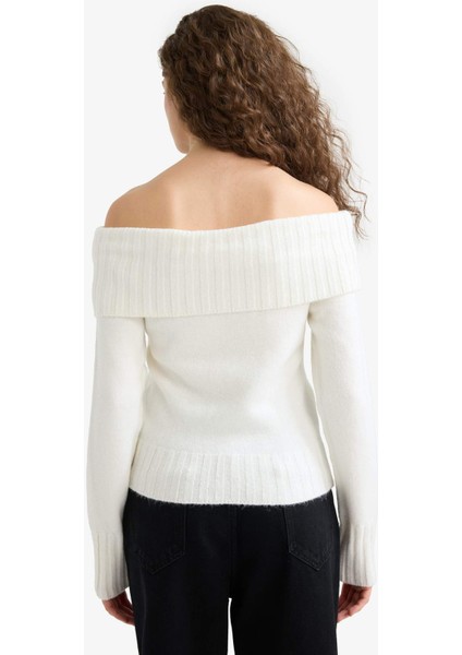 Slim Fit Dar Kesim Açık Omuz Triko Kazak E8345AX25WN