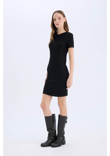 Coool Bodycon Vücudu Saran Bisiklet Yaka Fitilli Kaşkorse Kısa Kollu Mini Elbise E7231AX25SP