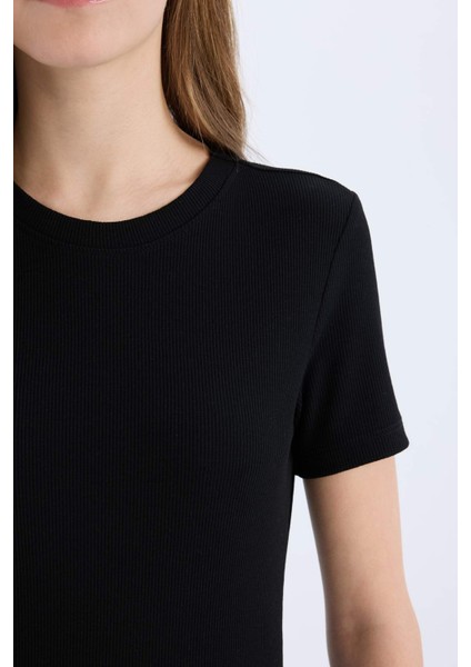 Coool Bodycon Vücudu Saran Bisiklet Yaka Fitilli Kaşkorse Kısa Kollu Mini Elbise E7231AX25SP