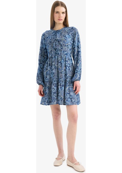 Bisiklet Yaka Desenli Uzun Kollu Mini Elbise E6612AX25SP