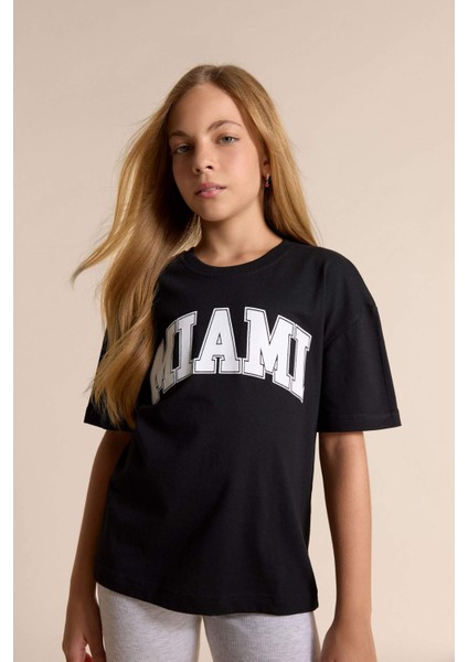 Kız Çocuk Relax Fit Bisiklet Yaka Baskılı Kısa Kollu Tişört E6492A825AU