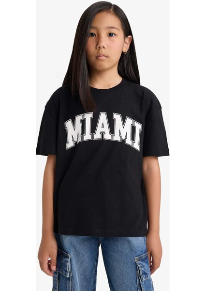 Kız Çocuk Relax Fit Bisiklet Yaka Baskılı Kısa Kollu Tişört E6492A825AU