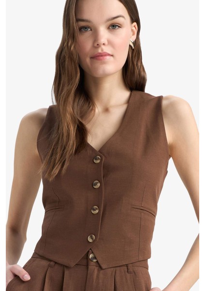 V Yaka Keten Karışımlı Blazer Yelek E6209AX25SP