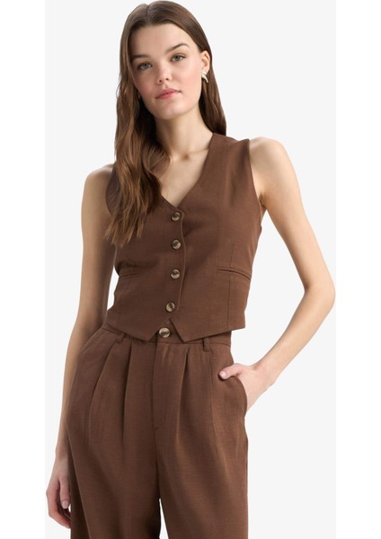 V Yaka Keten Karışımlı Blazer Yelek E6209AX25SP