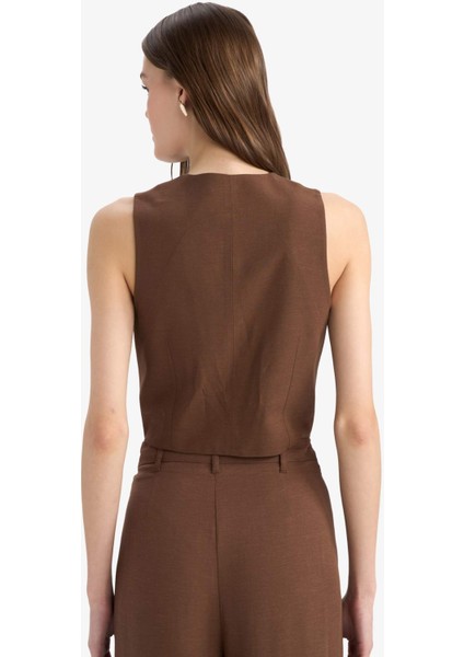 V Yaka Keten Karışımlı Blazer Yelek E6209AX25SP