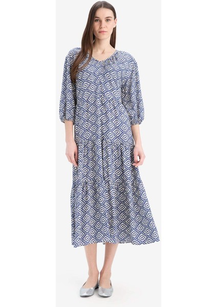 Regular Fit Desenli V Yaka Uzun Kollu Maxi Elbise E8302AX25SP