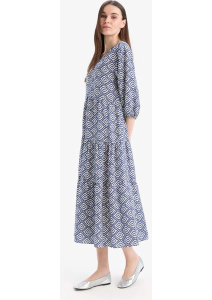 Regular Fit Desenli V Yaka Uzun Kollu Maxi Elbise E8302AX25SP