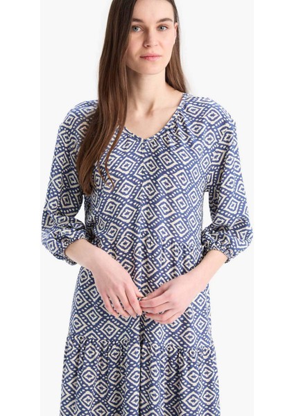 Regular Fit Desenli V Yaka Uzun Kollu Maxi Elbise E8302AX25SP