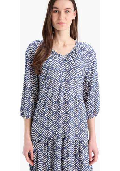 Regular Fit Desenli V Yaka Uzun Kollu Maxi Elbise E8302AX25SP