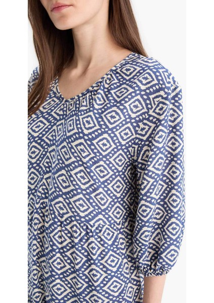 Regular Fit Desenli V Yaka Uzun Kollu Maxi Elbise E8302AX25SP