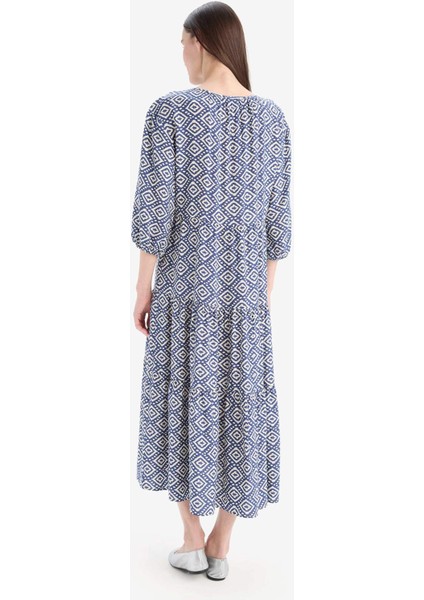 Regular Fit Desenli V Yaka Uzun Kollu Maxi Elbise E8302AX25SP