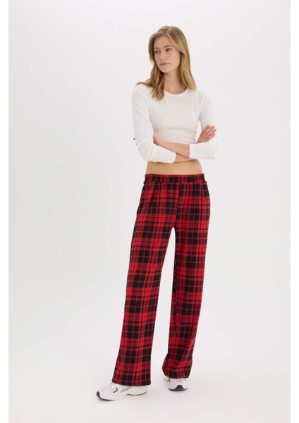 Wide Leg Kareli Kumaş Pijama Pantolon Geniş Bol Paça Beli Cepli Lastikli Normal Bel D9547AX25SP