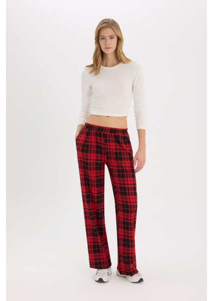 Wide Leg Kareli Kumaş Pijama Pantolon Geniş Bol Paça Beli Cepli Lastikli Normal Bel D9547AX25SP